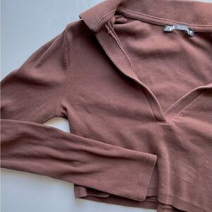 Zara Chocolate brown Ribbed Knit crop top with v-neck and collar